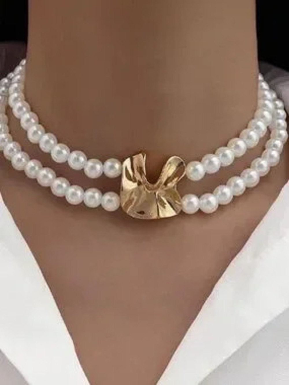 Anthropologie White Pearl Double-Strand Choker with Gold Tone Sculptural Accent